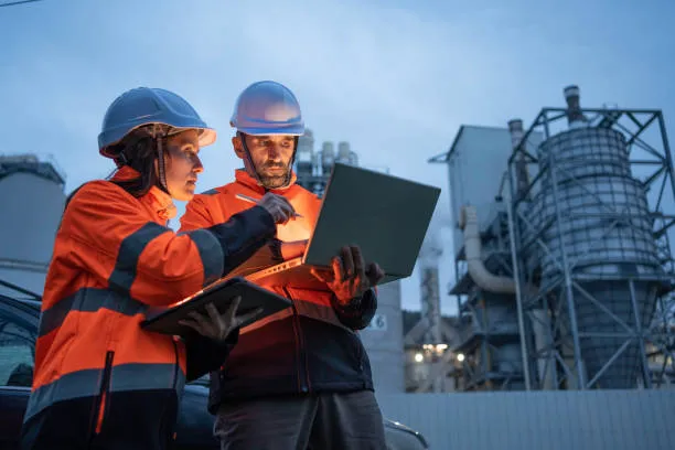 Una fotografía en donde se pueden ver a dos técnicos especializados que se encuentran analizando un nuevo dictamen de gas.