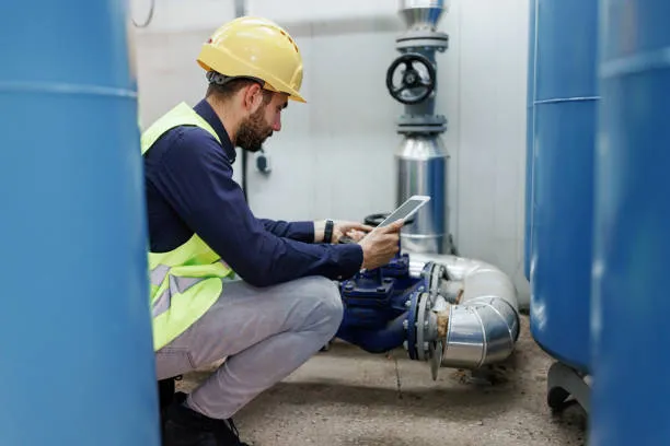 Técnico de compañía de gas que se encuentra evaluando estado y conexiones de una instalación para otorgar el dictamen de gas.