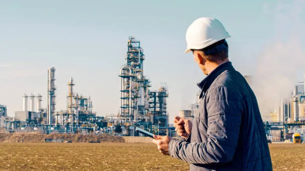 Hombre que está especializado en sector industrial revisando desde la distancia el exhaustivo proceso de distribución de gas.