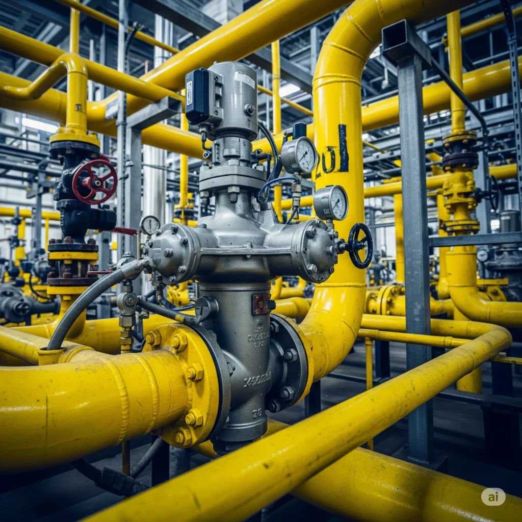 Foto de uno de los modelos de regulador de gas natural dentro de una industria rodeada de tuberías amarillas.