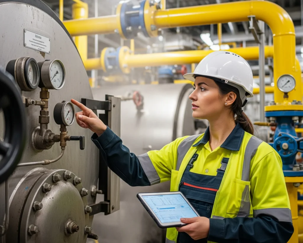 Fotografía de una Ingeniera realizando el mantenimiento correctivo instalaciones de gas en una caldera dentro de una industria para MacoGas