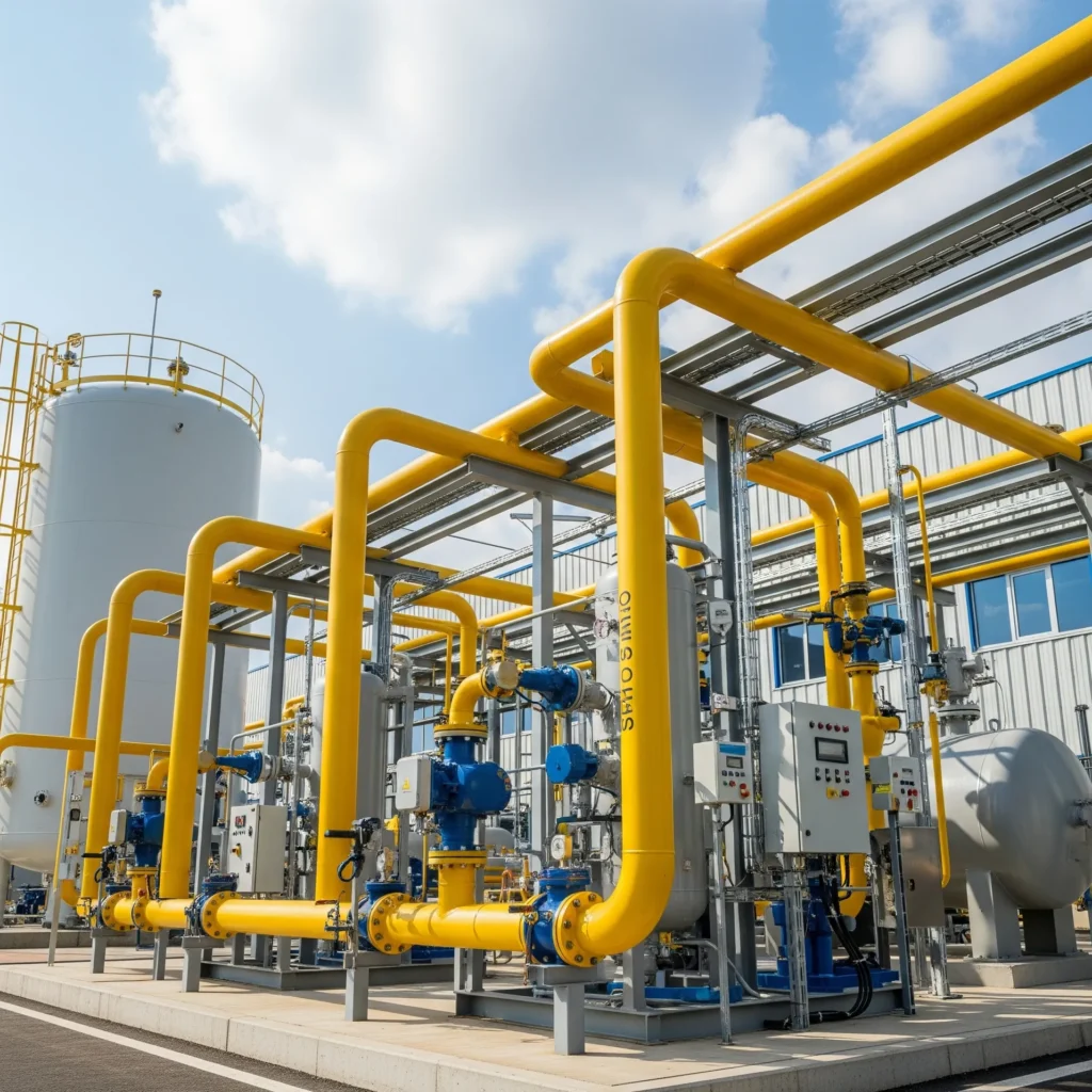 Foto de una de las instalaciones de aprovechamiento de gas, diseño y construcción en el exterior de día con tuberías amarillas