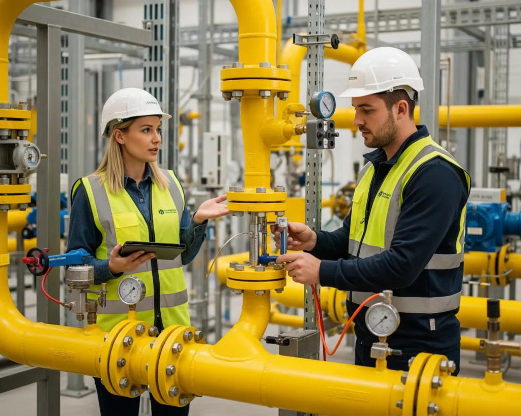 Fotografía de ingeniero e ingeniera revisando que se cumplan las normativas para instalaciones de aprovechamiento de gas