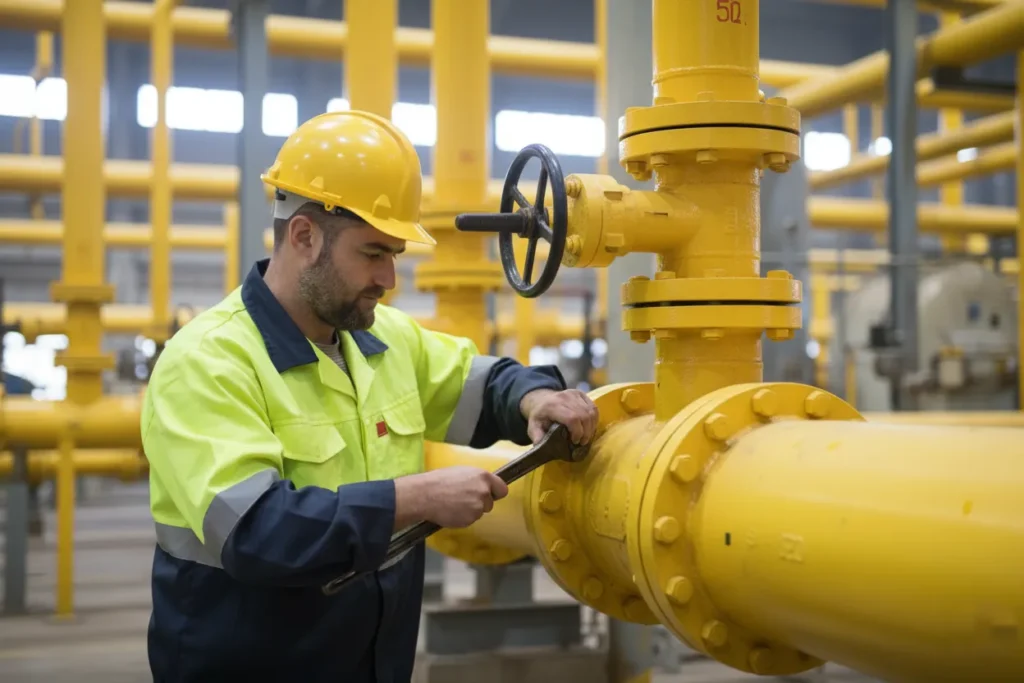 Fotografía de dos hombres realizando la instalación de tuberías de gas en Coahuila con tubería en color amaerillo