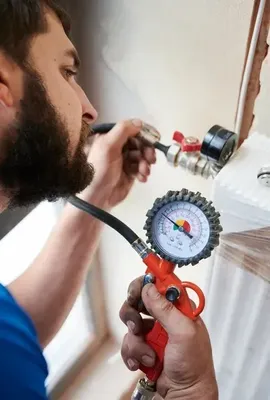 Experto en la prueba de hermeticidad de gas natural en Monterrey que llena las tuberías con aire presurizado para inspeccionar si hay fugas en la nueva instalación.