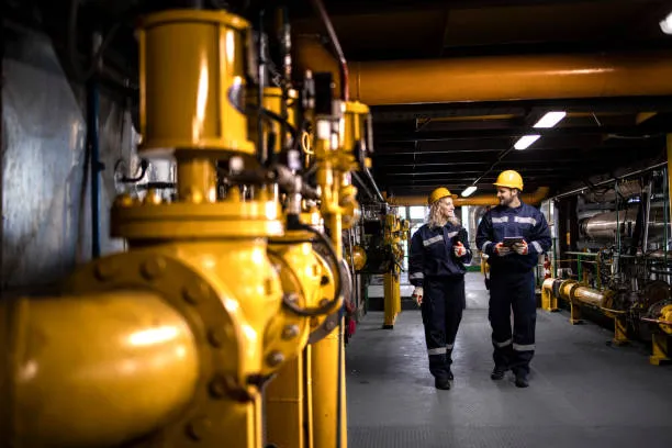 Foto de dos técnicos caminando y conversando sobre cuánto cuesta un regulador de gas natural