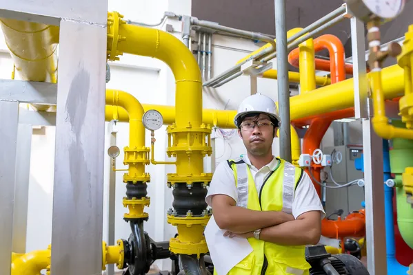 Foto de hombre que sabe cómo elegir una empresa de mantenimiento de redes de gas natural junto a instalación de gas