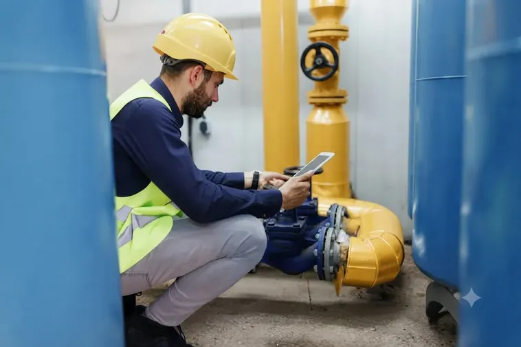 Foto durante la revisión de un especialista para el dictamen de gas en las instalaciones de una industria
