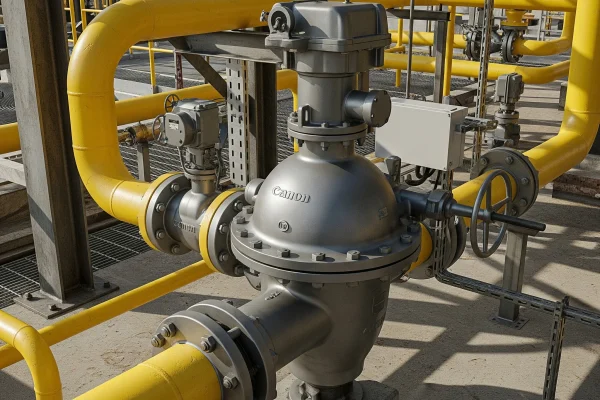Fotografía de uno de los modelos de regulador de gas natural durante el día y rodeado de tuberías amarillas