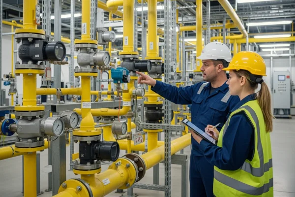 Fotografía de hombre y mujer de MacoGas que realizan una instalación conforme las normativas para instalaciones de aprovechamiento de gas