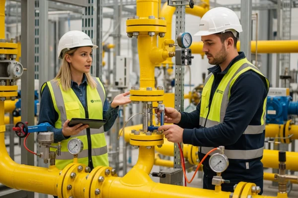 Fotografía de ingeniero e ingeniera revisando que se cumplan las normativas para instalaciones de aprovechamiento de gas