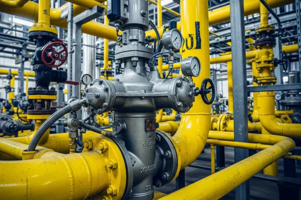 Foto de uno de los modelos de regulador de gas natural dentro de una industria rodeada de tuberías amarillas.