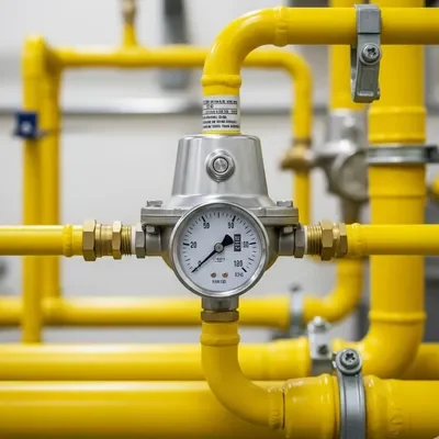 Regulador de gas conectado a tuberías amarillas representando la diferencia reguladores de gas de baja y alta presión